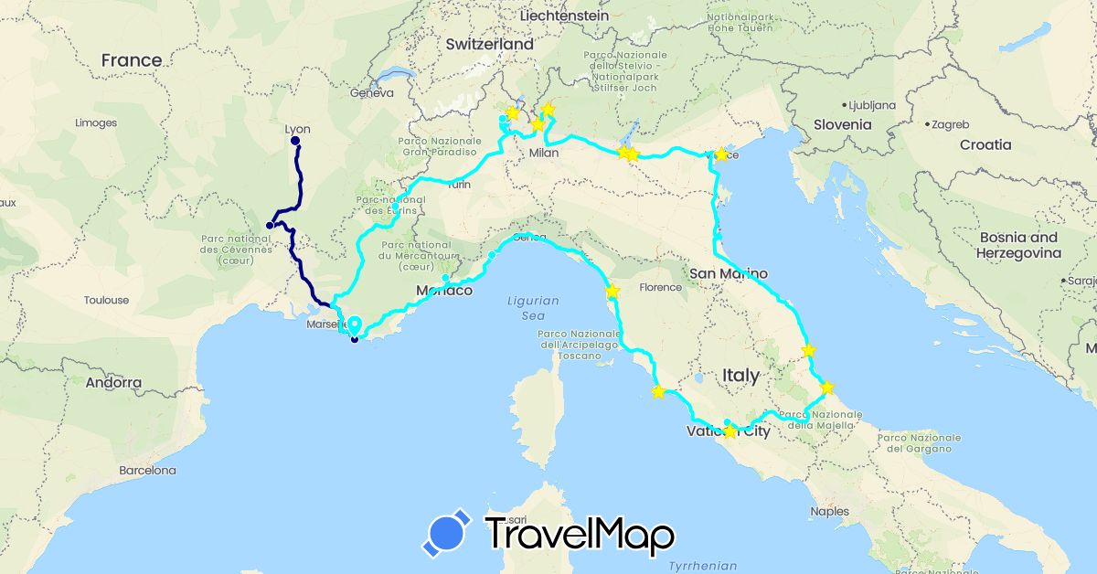 TravelMap itinerary: driving, bus, boat, fourgon aménagé in France, Italy (Europe)